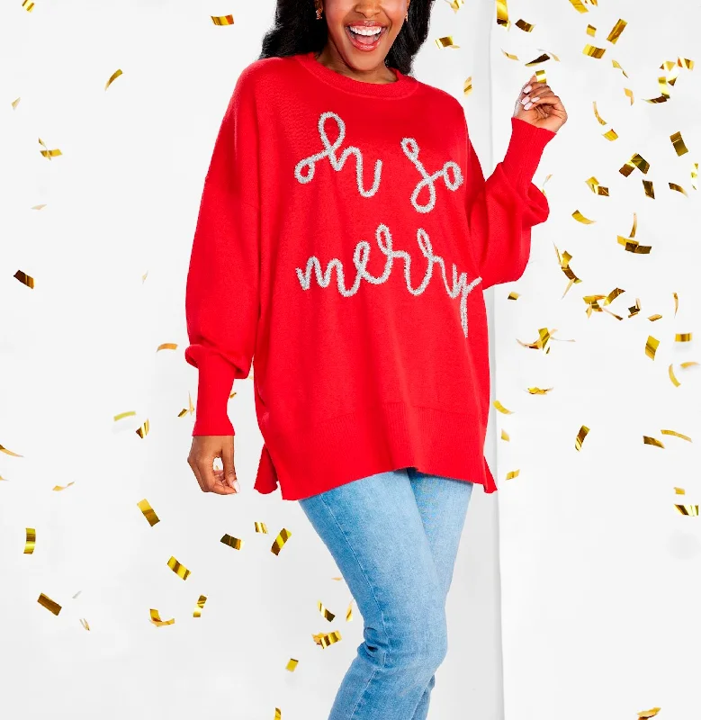 'Oh So Merry' Red Sparkle Sweatshirt by Mud Pie Hoodie with Contrast Stitching Detailed Premium