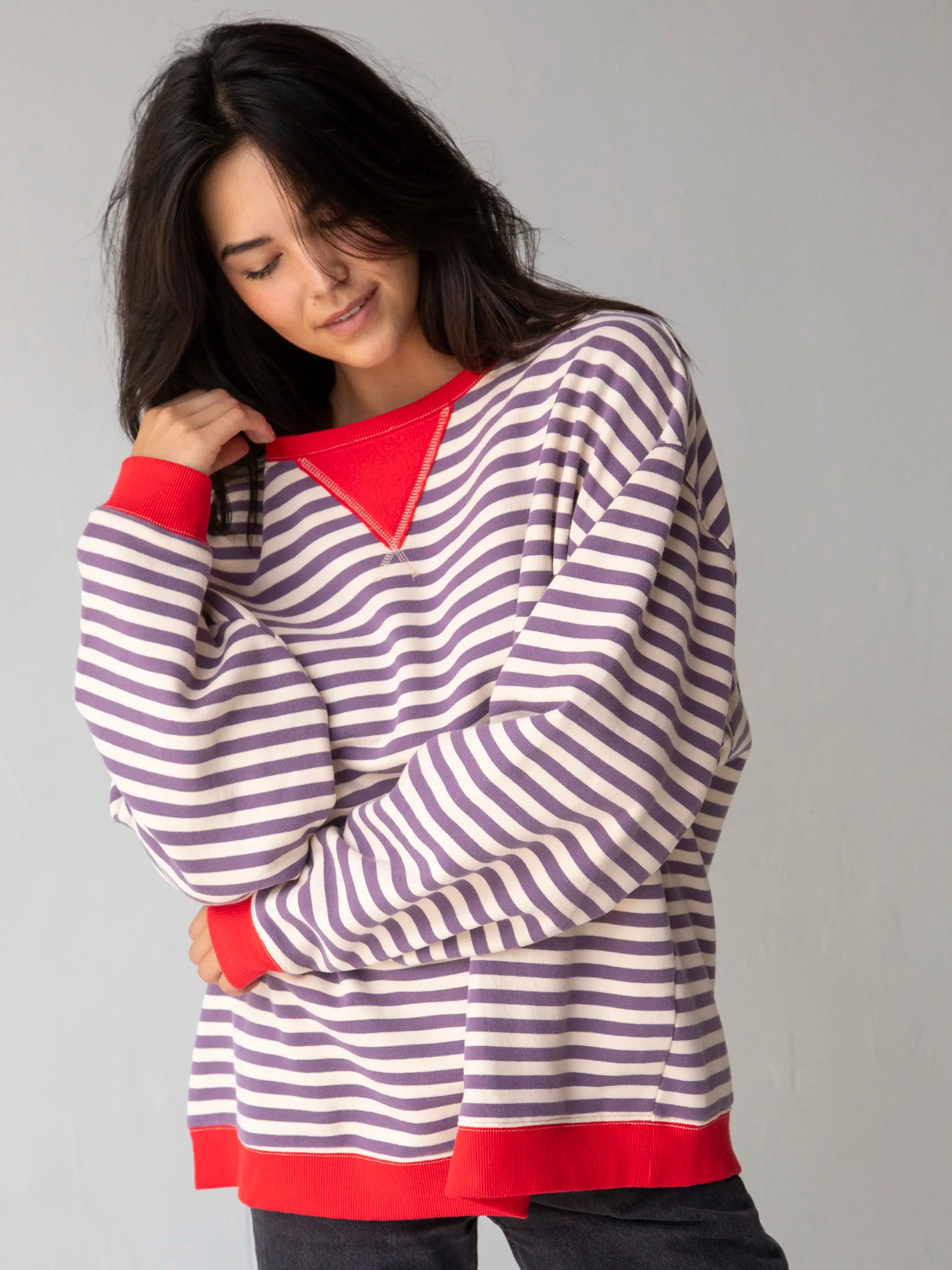 Oversized Striped Sweatshirt - Cream Purple Stripes Hoodie with Button Placket Classic Preppy