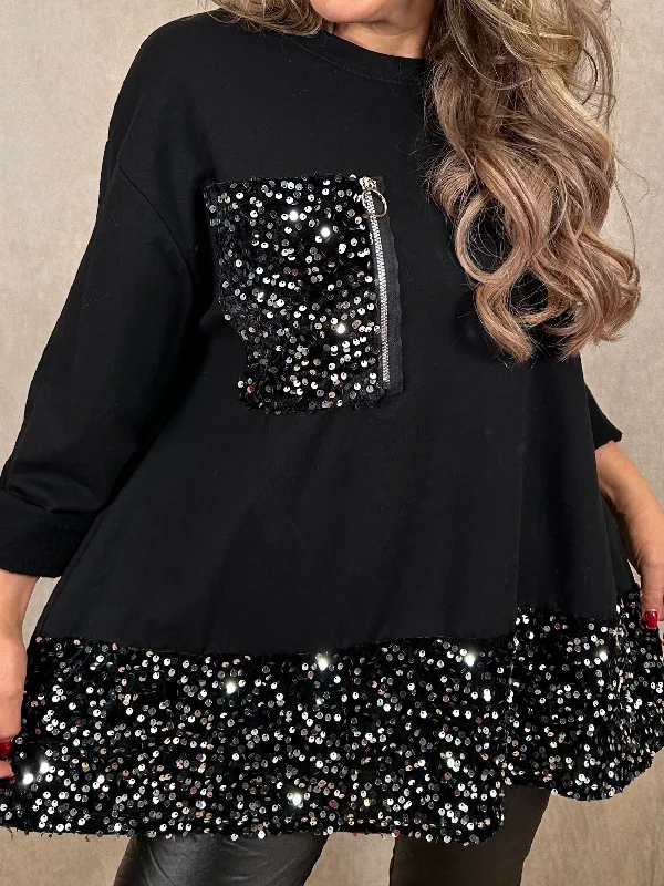 Sinead Sequin Sweatshirt Hoodie with High-Low Hem Asymmetrical Trendy