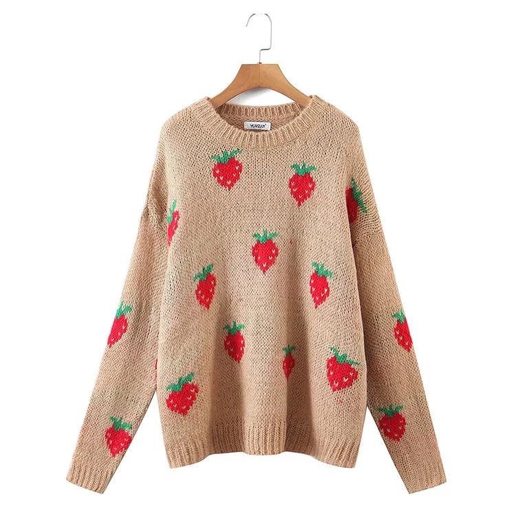 Strawberry jacquard mohair sweater loose round neck top  7743 Glossy Satin Silk