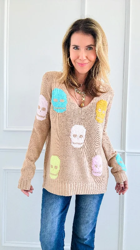 Sugar Skull Knit Sweater Notch Collar Peter Pan Collar Cowl Neck