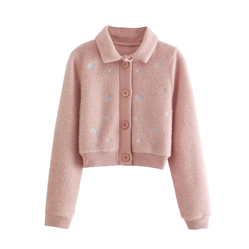 Sweet polo collar embroidered sweater cardigan coat  7738 Zippered Front Buttoned Front Snap Front