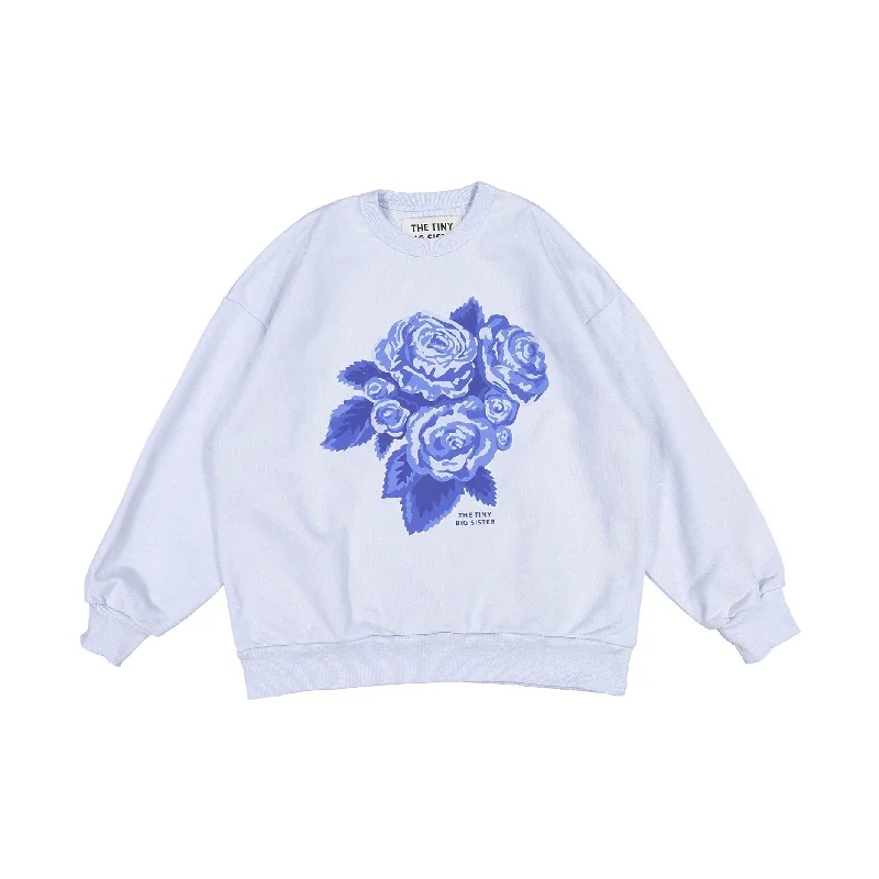 Tiny Cottons Pastel Blue Roses Womens Sweatshirt Hoodie with Embroidery Detailed Premium