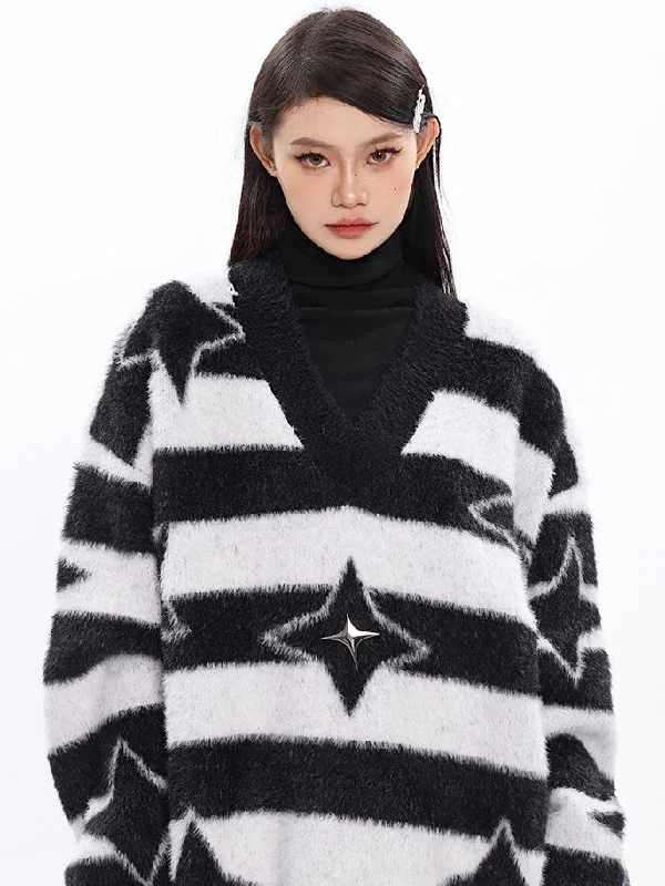 Twinkle Star Graphic Image Print Stripe V-Neck Long Sleeve Sweater Cotton Fabric Linen Fabric Terry Fabric