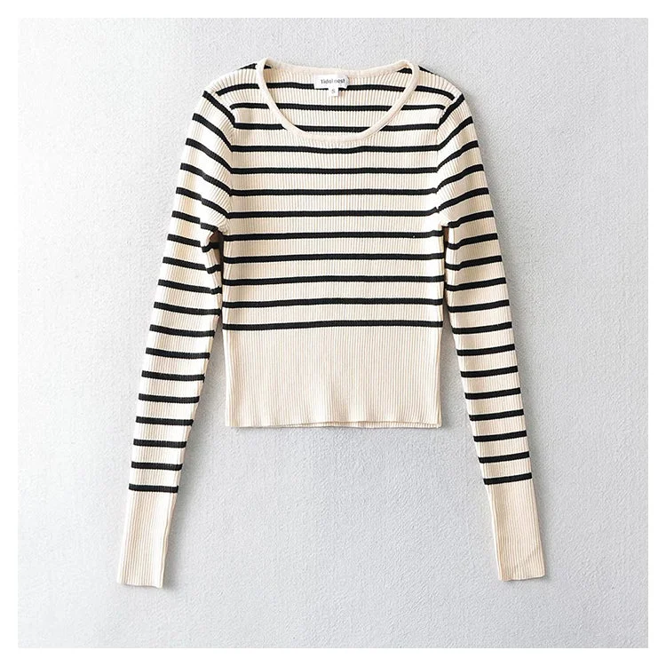 U-neck striped long sleeve slim fitting bottomed sweater for women  7736 Satin Fabric Silk Fabric Chiffon Fabric