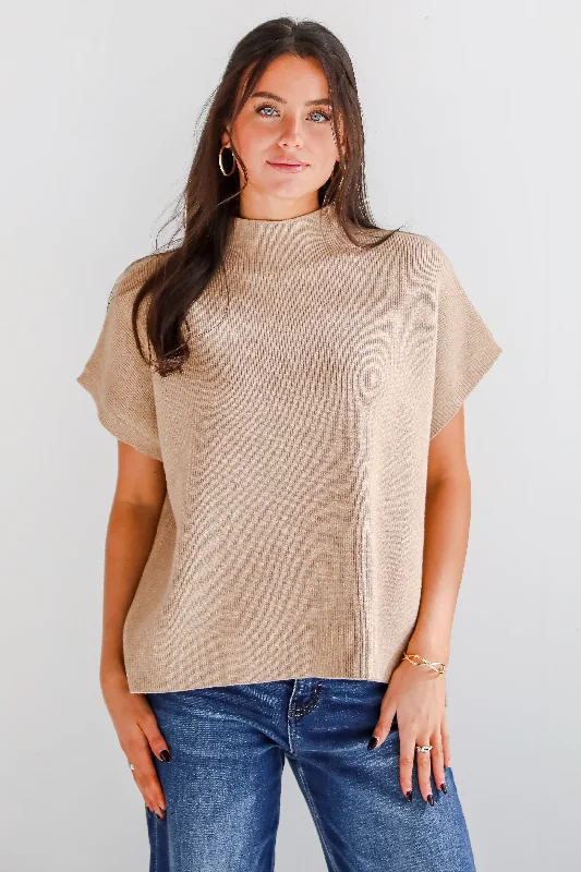 Unique Composure Taupe Mock Neck Oversized Sweater Top Chenille Brocade Lace