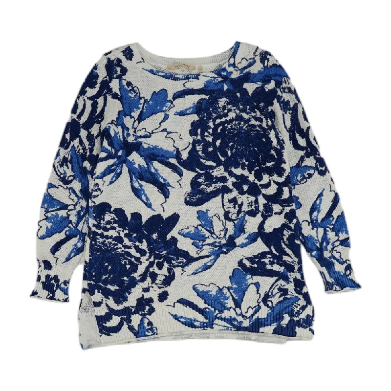 White Floral Crewneck Sweater Solid Print Embellished