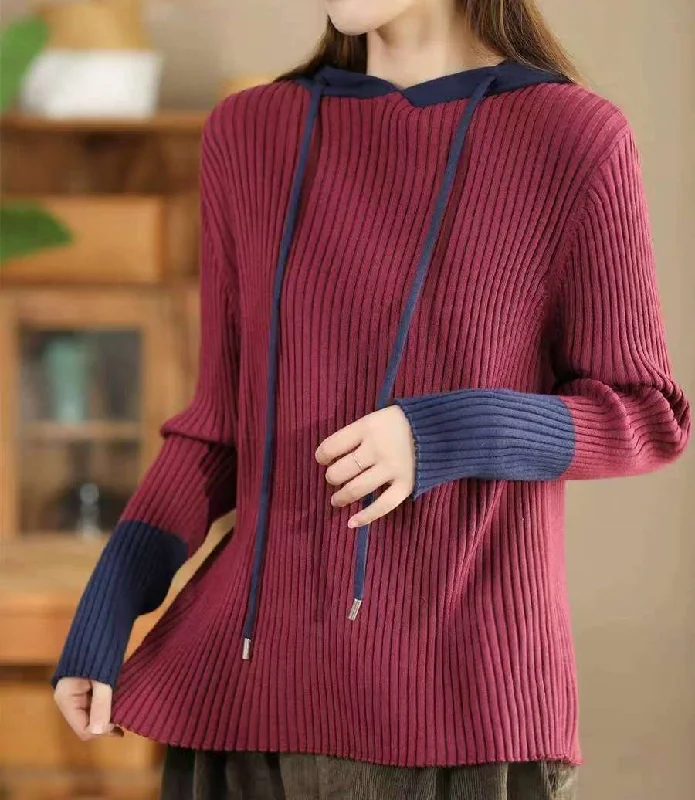 Women Trendy Color Block Ribbed Knit Hoodie Sweater Hoodie with Drop Shoulder Relaxed Streetwear