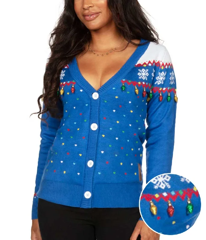 Women's Blue Christmas Lights Cardigan Sweater Bright Pastel Dark