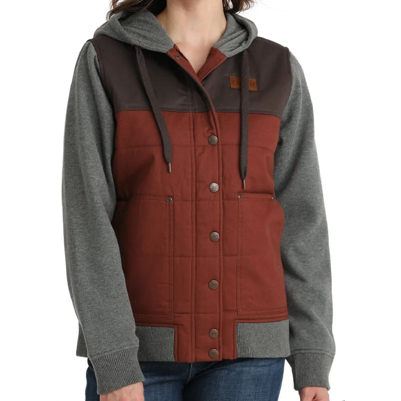 WOMEN'S CANVAS HOODIE JACKET - GRAY/BURGUNDY Zip Hoodie Drawstring Kangaroo Pocket