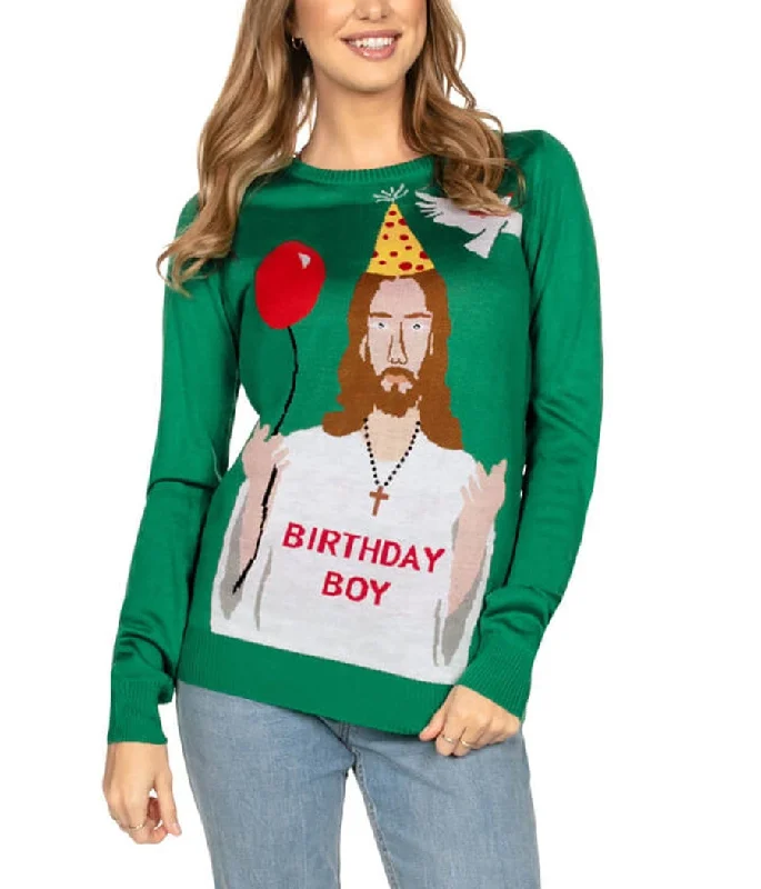 Women's Happy Birthday Jesus Ugly Christmas Sweater Cashmere Blend Cotton Blend Poly Blend