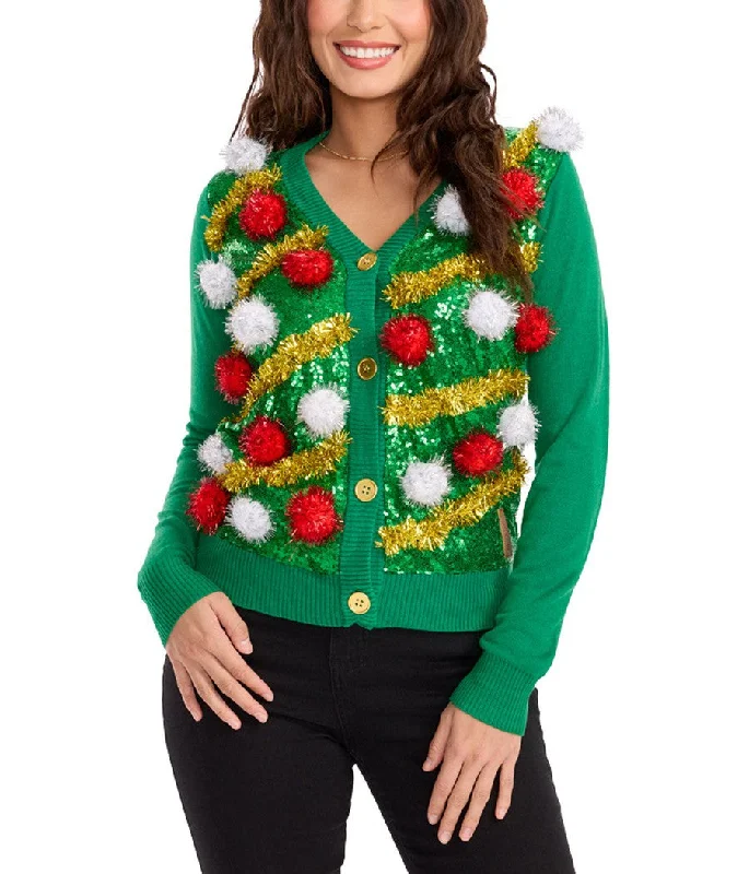 Women's Pom Party Ugly Christmas Cardigan Sweater Modern Contemporary Chic