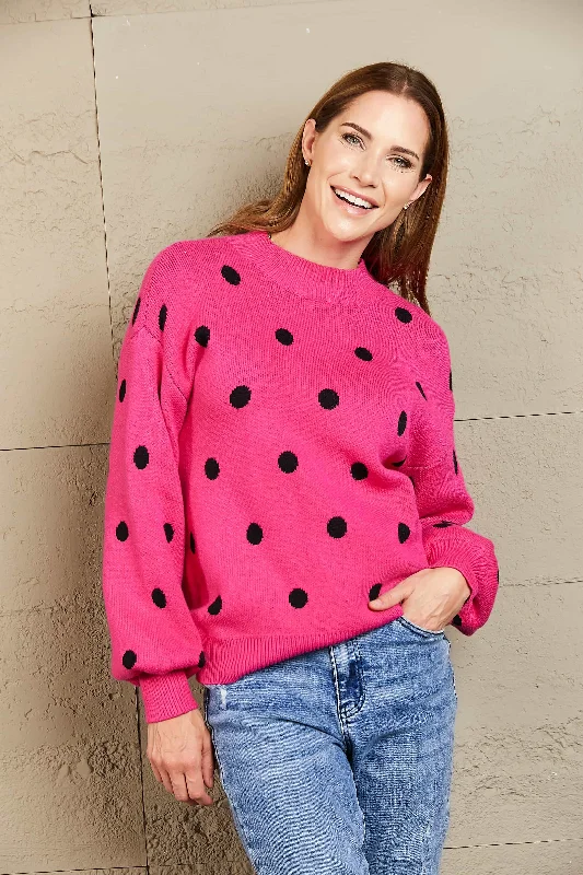 Woven Right Polka Dot Round Neck Dropped Shoulder Sweater Denim Fabric Leather Fabric Suede Fabric