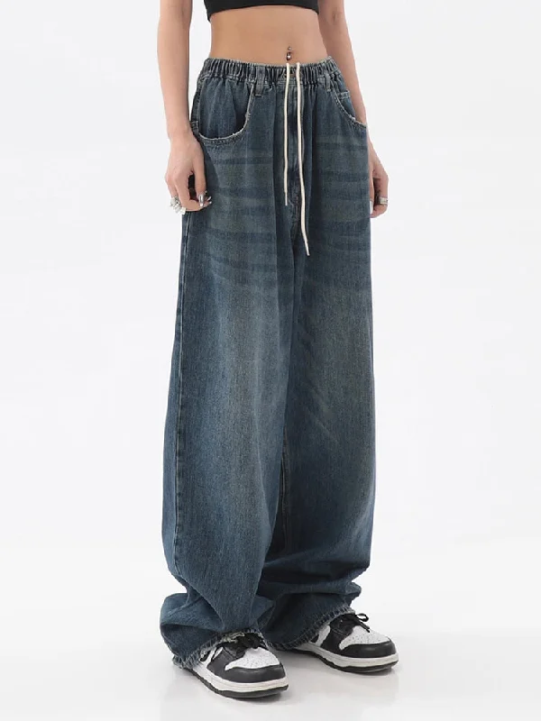 DressBetty - Vintage Baggy Jeans Elastic Waist Oversized Long Trouser Denim Wide Leg Streetwear Trendy Pleated Waist Jeans