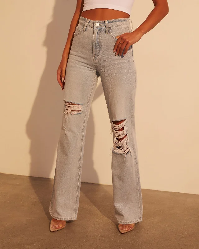 Alycia High Rise Distressed Wide Leg Jeans Stylish Stone-Wash Denim Jeans