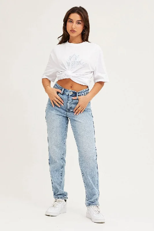 Blue Denim Jean High Rise Straight Elegant Raw Hem Jeans