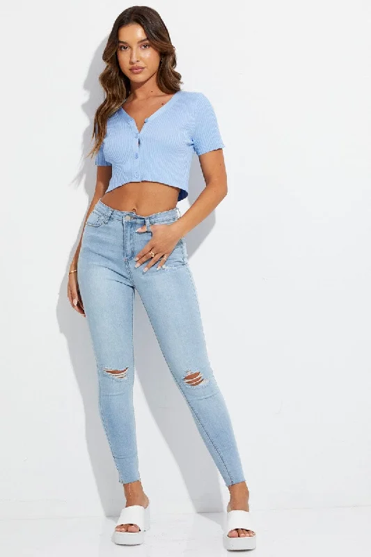 Blue Skinny Denim Jeans Mid Rise Trendy Bootcut High-Waisted Jeans