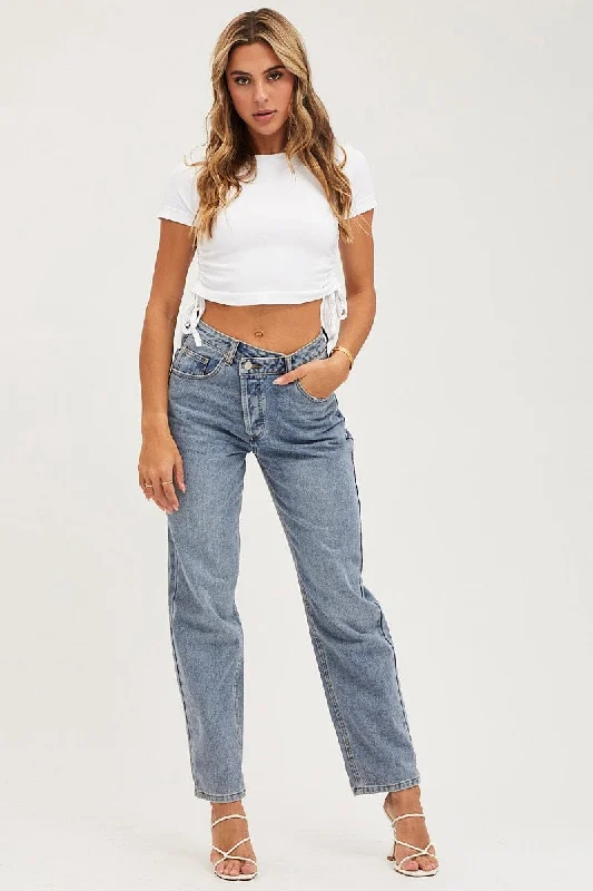 Blue Straight Denim Jeans High Rise Trendy Wide-Legged High-Waist Jeans