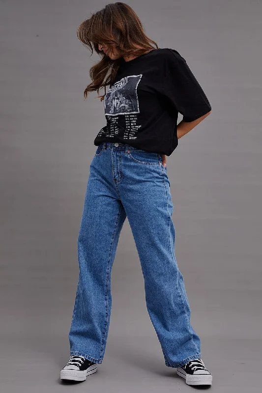 Blue Wide Leg Denim Jeans High Rise Stylish High-Rise Mom Jeans