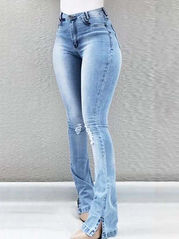 Buttoned Slit Jeans Stylish High-Waist Jeans