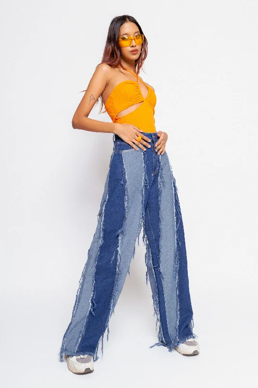 Blue Dance Around Fray Straight Fit Jeans Trendy Bootcut High-Waisted Jeans