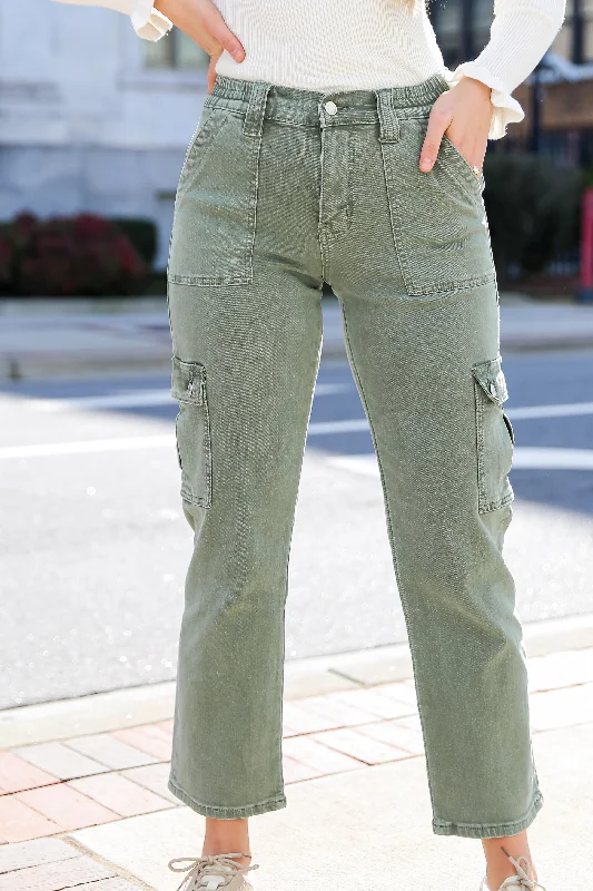 FINAL SALE - Dixie Army Green Utility Cargo Jeans Trendy Cut-Off Denim Shorts