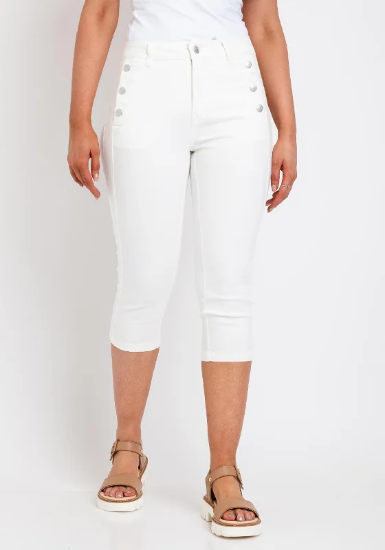 Fransa Buttoned Pocket Capri Jeans, Cream Chic Double Waistband Jeans