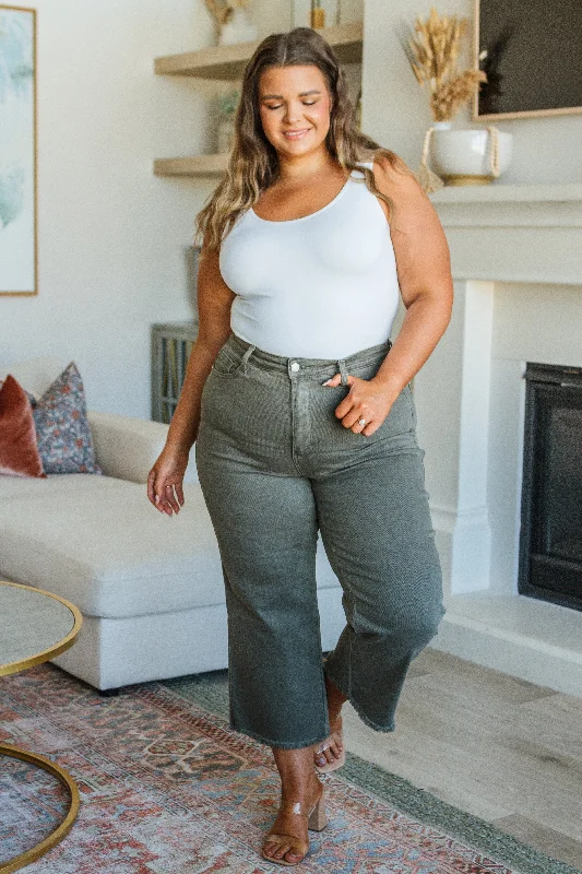 Judy Blue Harvey High Rise Control Top Wide Leg Crop Jeans in Olive Stylish Plus Size Denim Jeans