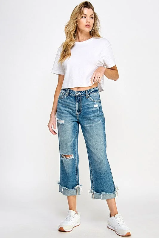 High Rise Distressed Cuffed Jeans Comfortable Stretch Fit Jeans