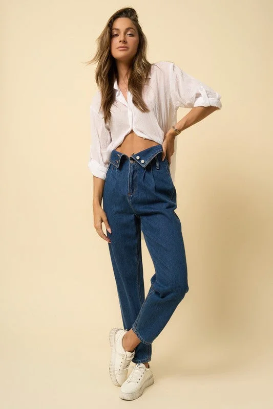 High Rise Flap Waist Relaxed Jeans Casual Light Wash Jeans