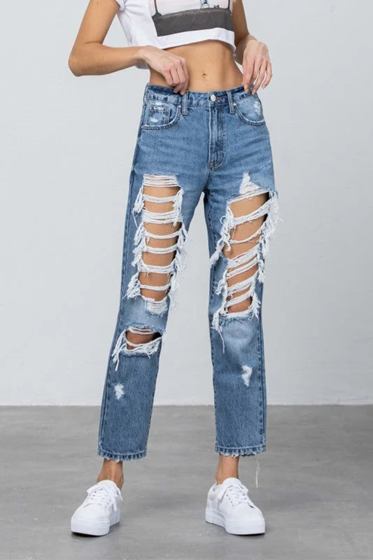 High Rise Heavy Destroyed Mom Jeans Fashionable Frayed Hem Denim