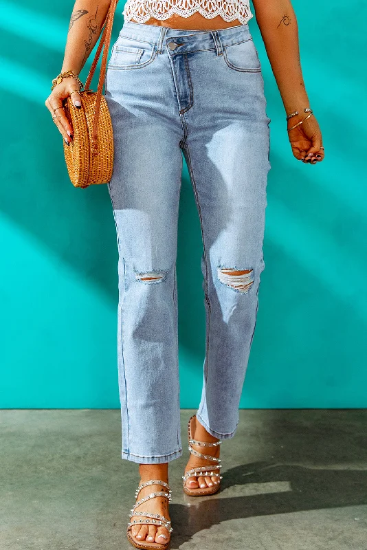 High Waist Distressed Straight Leg Jeans Chic Double Waistband Jeans