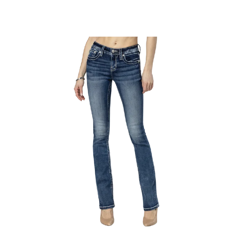 Miss Me Women's Floral Feathers Bootcut Dark Wash Jeans Stylish Relaxed Fit Skinny Jeans