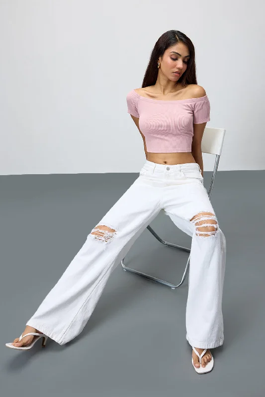 Pearl White Ripped Wide Leg Jeans Trendy Wide-Legged High-Waist Jeans