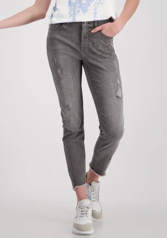 Monari Frayed Rhinestone Embellished Skinny Jeans, Grey Fashionable Raw Hem Bootcut Jeans