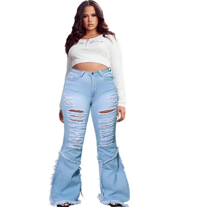 Plus Size Horn Hole Washing Tassel Women Clothing Oversized Jeans Trendy Wide-Leg High-Waist Denim