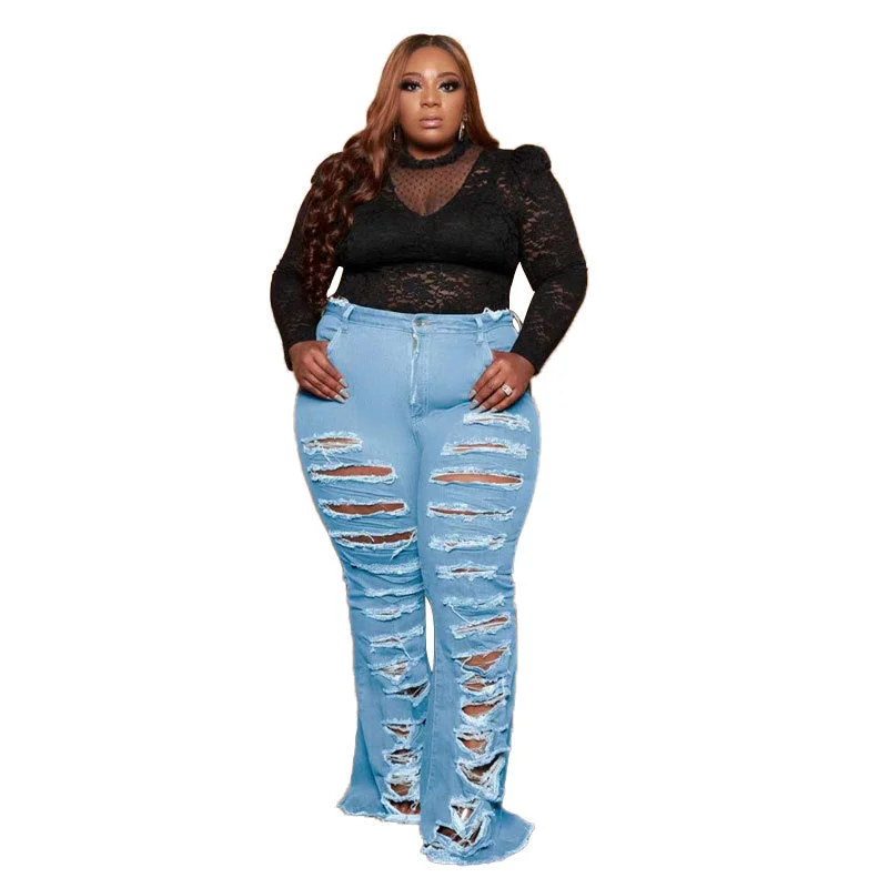 Plus Size Washing Trendy  Women Ripped Jeans Comfortable Flare Leg Jeans