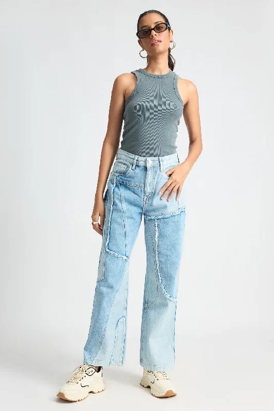 Light Blue Patchwork Straight Jeans Stylish High-Rise Mom Jeans