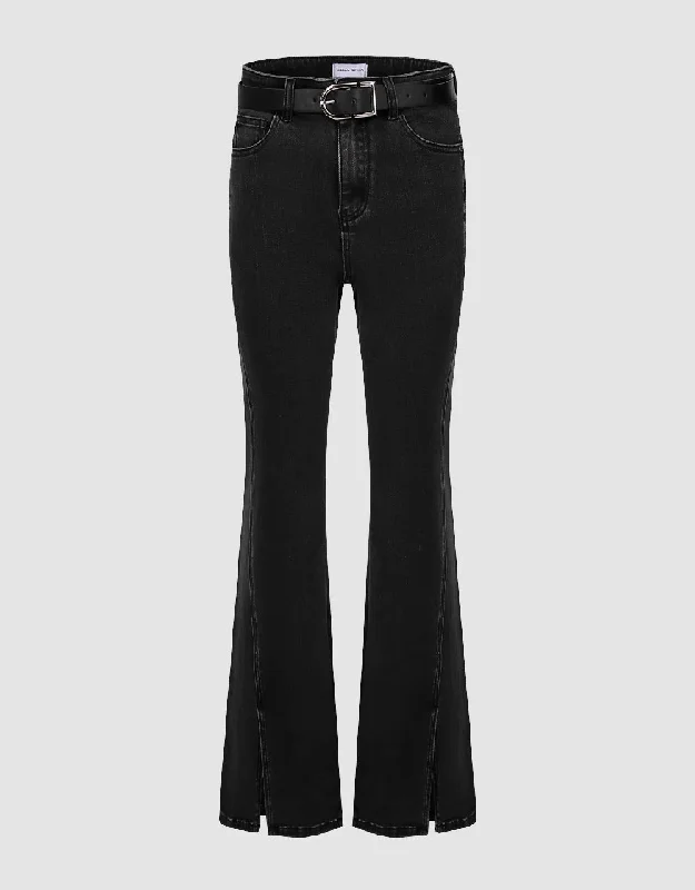 Split Hem Flare Jeans With Belt Stylish High-Rise Mom Jeans