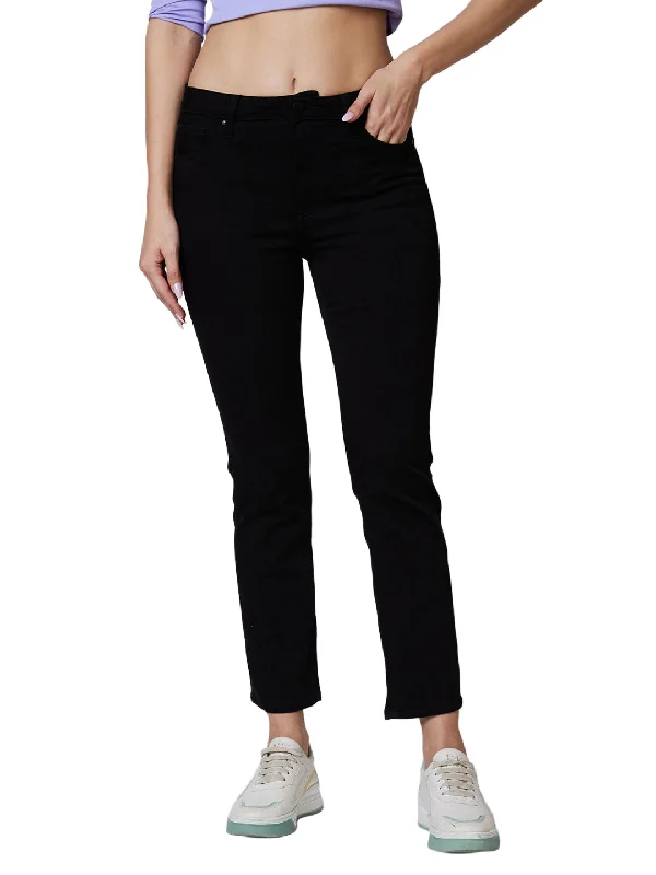 Spykar Mid Rise Slim Straight Fit Black Jeans For Women Trendy Layered Pocket Jeans