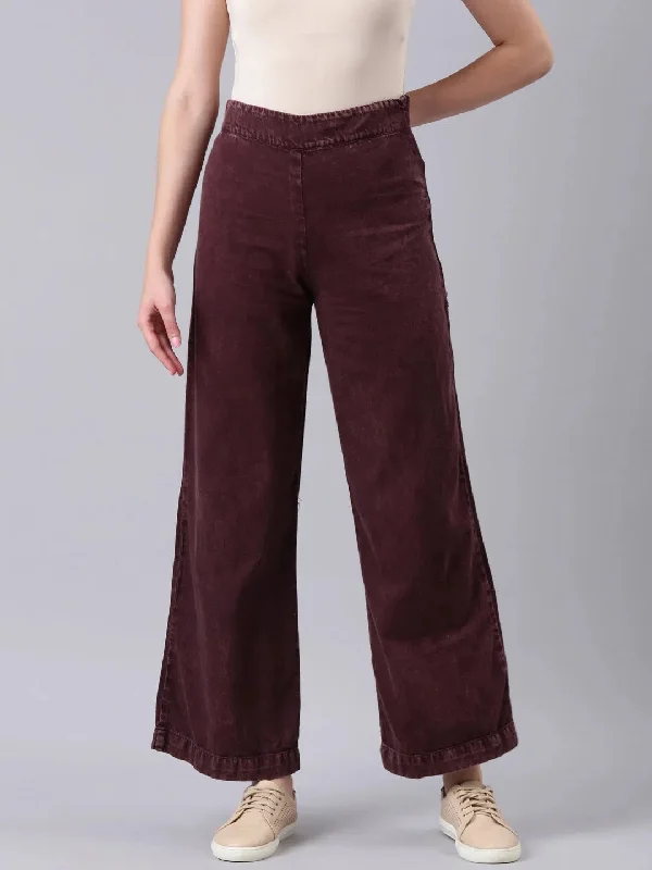 Women Burgundy Solid Wide Leg Denim Jeans-AE-10807-Burgundy Elegant Skinny Leg Jeans