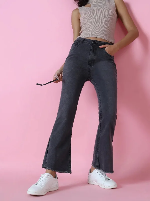 Women Grey Solid Flared Denim Jeans-GZ-5470-Grey Casual Light Wash Jeans