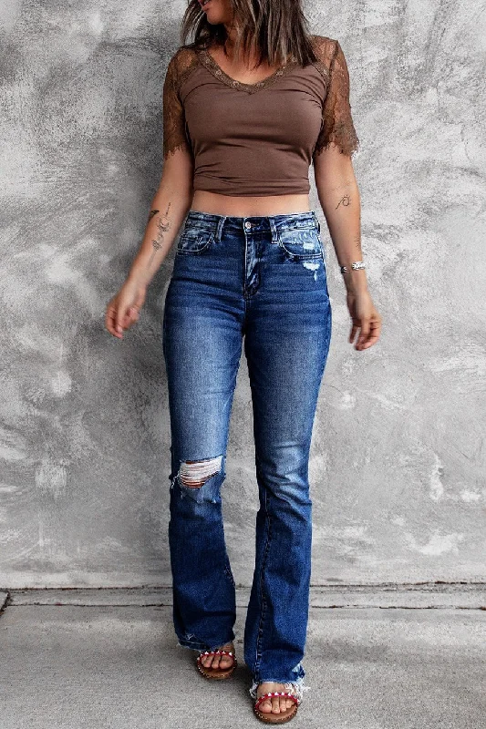 DressBetty - Holes Ripped Tassel Flare Jeans High Waist Denim Ladies Vintage Stretch Slim Jeans Elegant Raw Hem Jeans