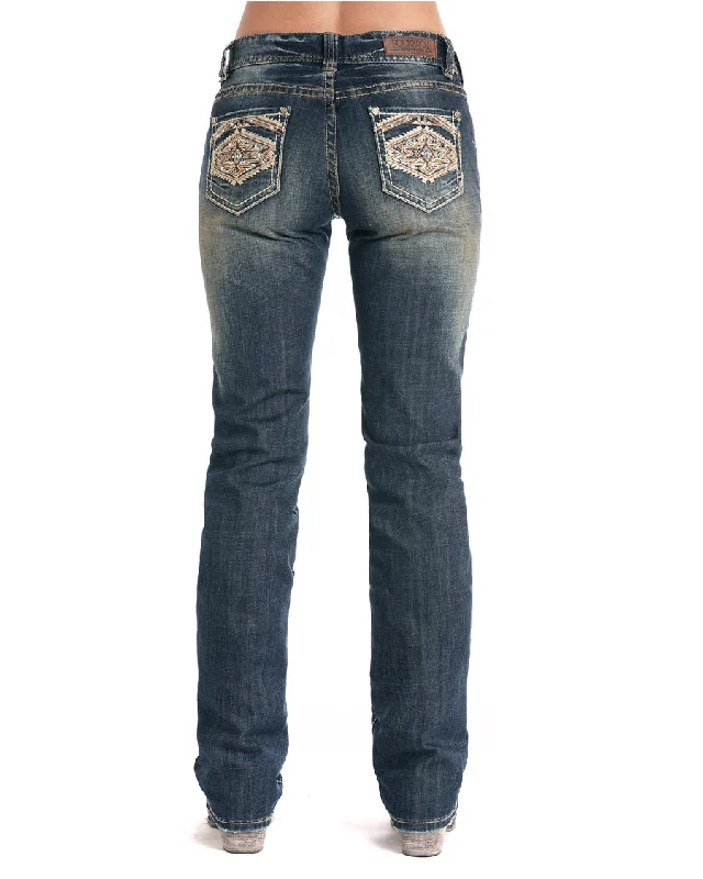 Women's Aztec Embroidered Boyfriend Fit Jeans Comfortable Zip-Fly Denim Jeans