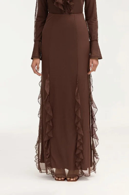 Adriana Waterfall Maxi Skirt - Brown button skirt front