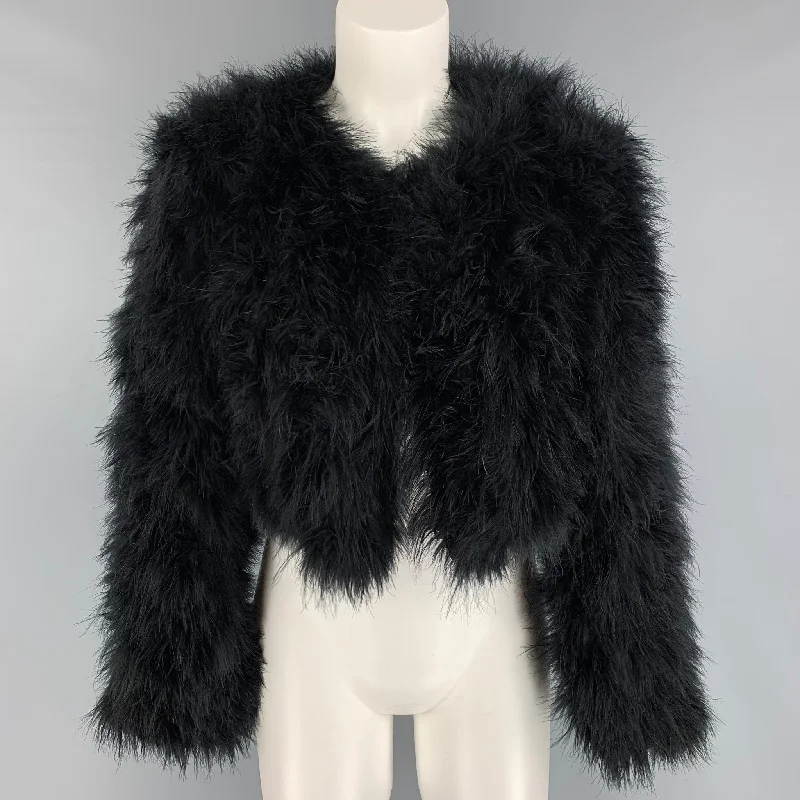 BUBISH Size M Black Polyester Feathers Cropped Jacket Satin Jacket Silk Jacket Chiffon Jacket BUBISH Size M Black Polyester Feathers Cropped Jacket Satin Jacket Silk Jacket Chiffon Jacket