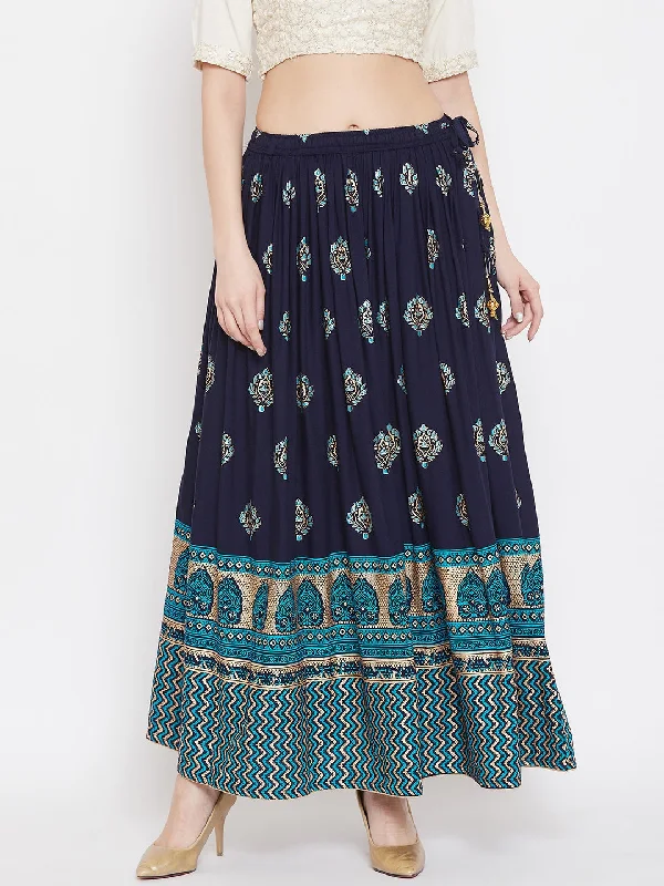 Wahe-NOOR Women's Navy Blue Flared Printed Maxi Skirt button skirt front