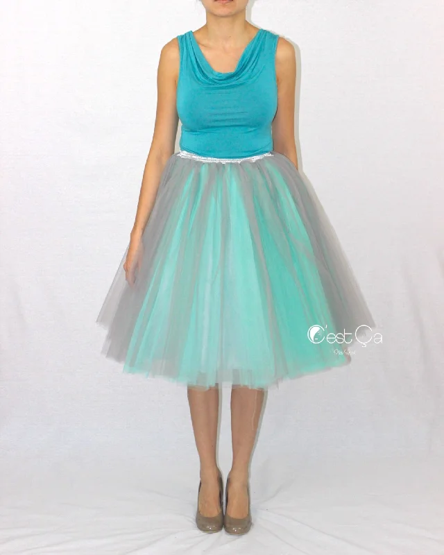 Clarisa Ombré Tulle Skirt - Dove Gray & Mint Green, Midi chiffon skirt floaty