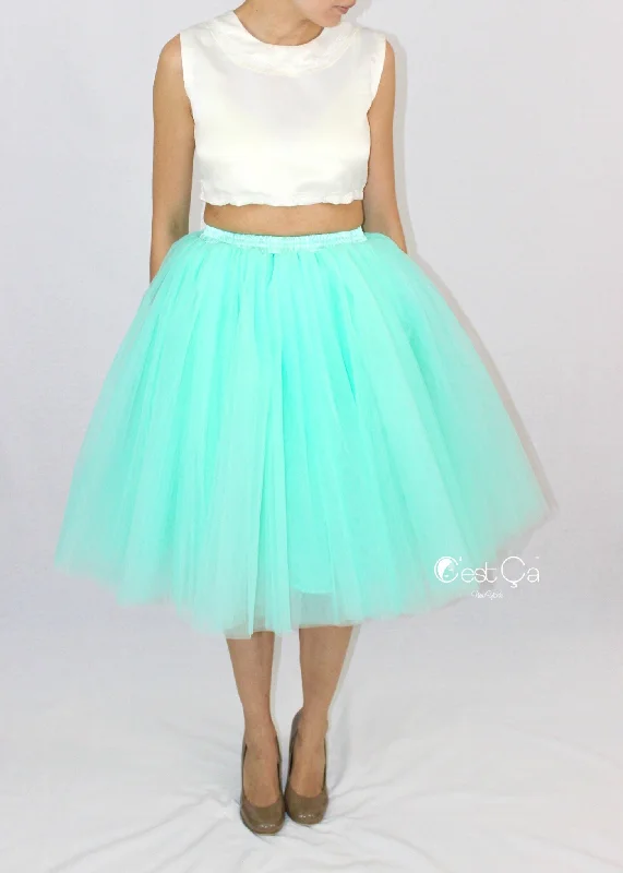 Clarisa Mint Green Tulle Skirt - Midi elastic waist skirt