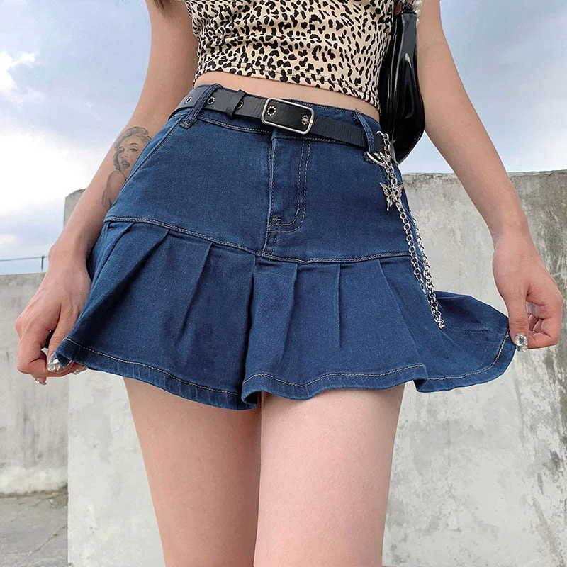 Denim Mini Pleated Skirt Ladies Summer High Waist Jeans Shorts Skirts wool skirt thick